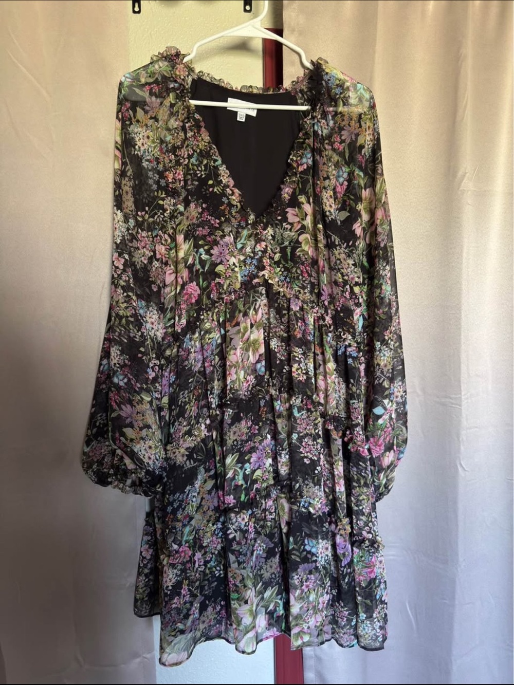 Floral Tiered Long Sleeve Dress - Black Floral XL
